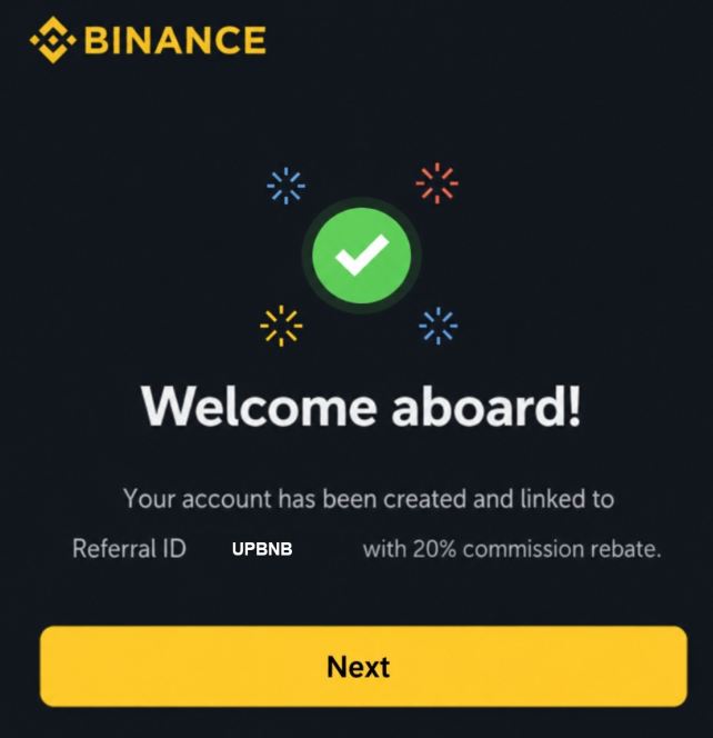Binance account successfully created and linked to Referral ID UPBNB with 20% commission rebate