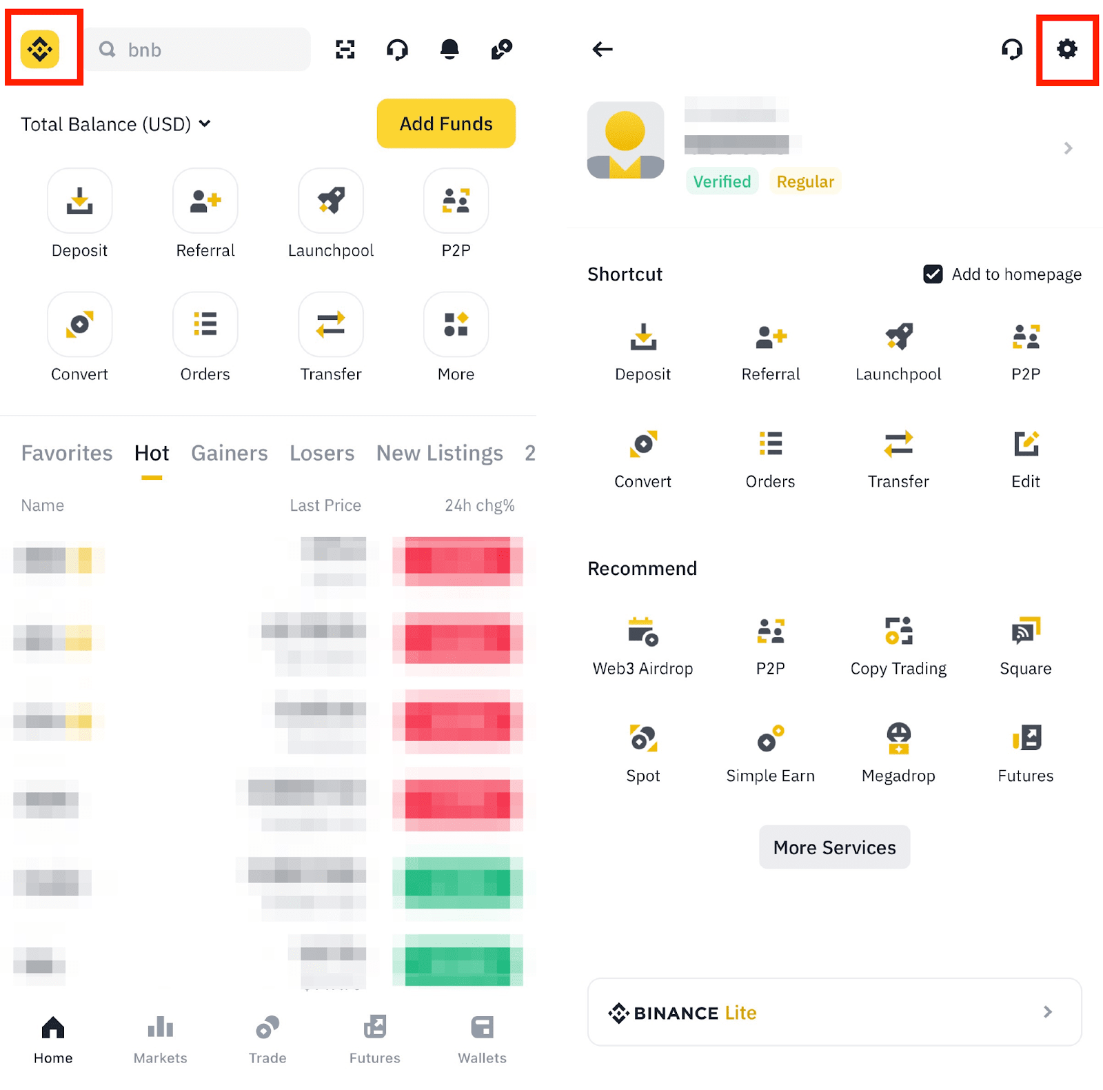 Binance App Account Center entry point and Settings gear icon location highlighted in red boxes