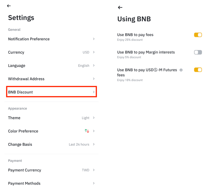 Binance App Settings menu showing BNB Discount option and Using BNB page with spot 25% discount and futures 10% discount toggles