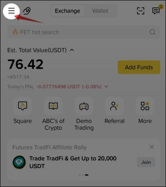 Binance App menu icon - tap to open profile menu to add referral code after signing up