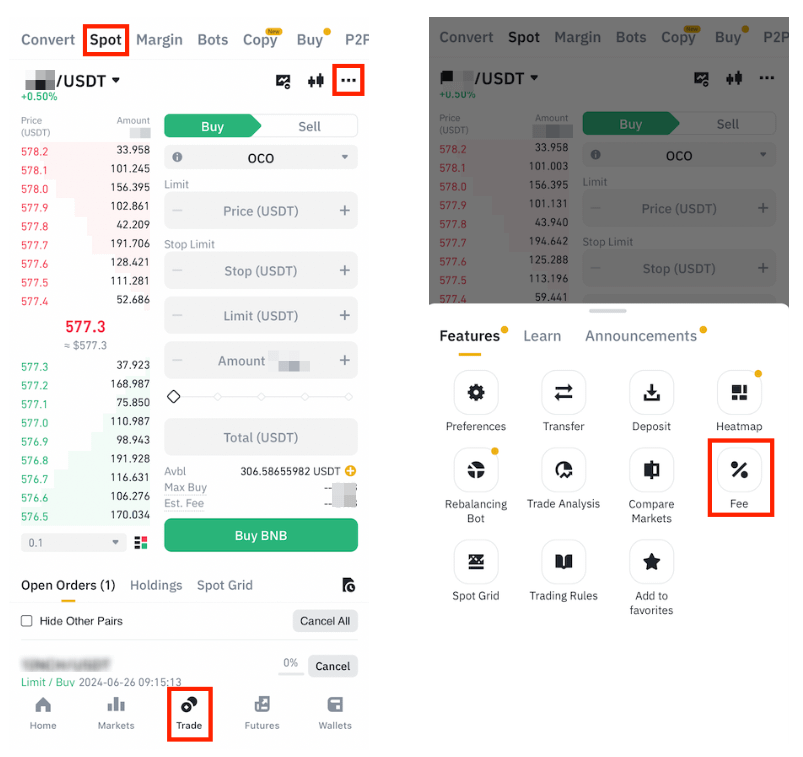 Binance App alternative navigation path via Trade tab, Spot section, top-right menu button, and Fee option to enable BNB discount