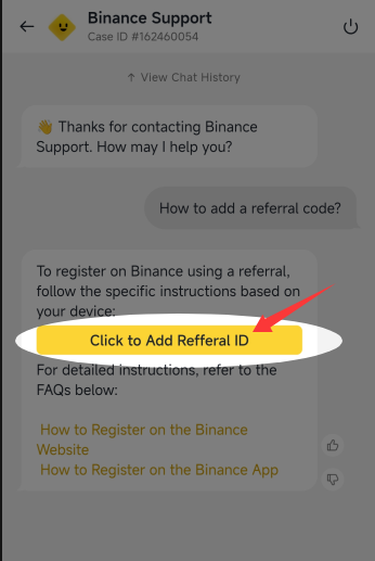 Binance Support chat showing Click to Add Referral ID button for adding referral code UPBNB after registration