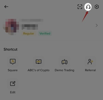 Binance profile page with support headset icon highlighted for adding referral code after registration