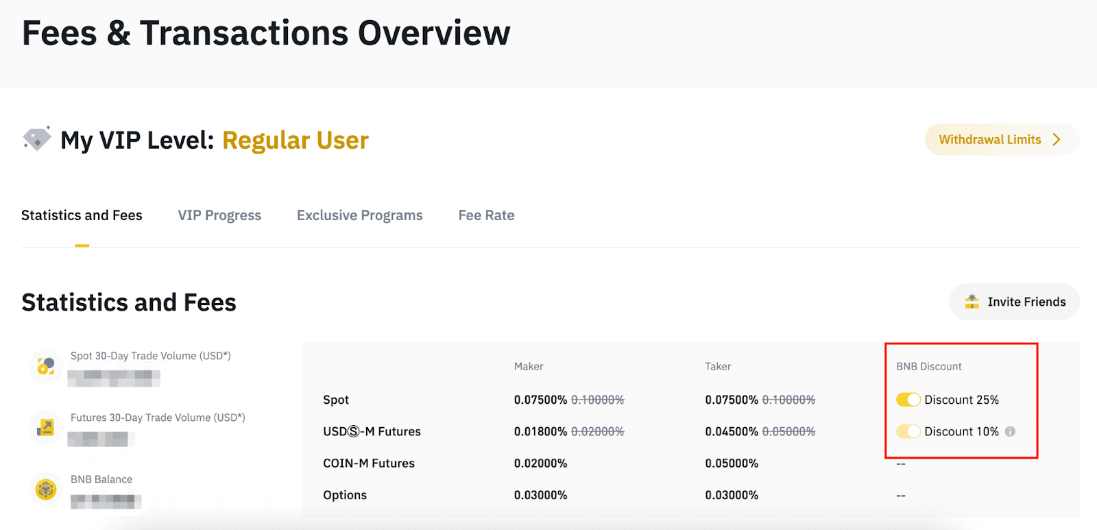 Binance Fees and Transactions Overview page showing BNB Discount settings with 25% spot discount enabled and 10% futures discount available