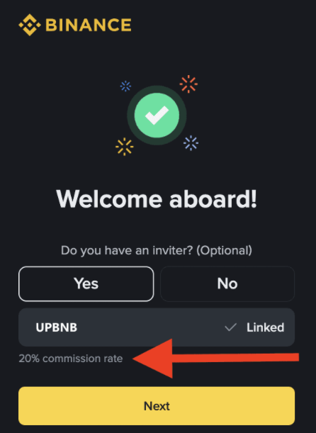 Binance referral code UPBNB entered showing 20% commission rate linked confirmation