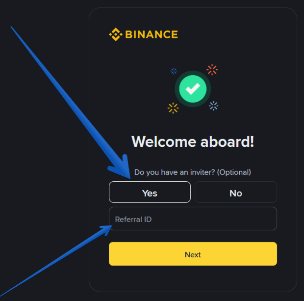 Binance registration welcome screen showing Do you have an inviter option with Referral ID input field