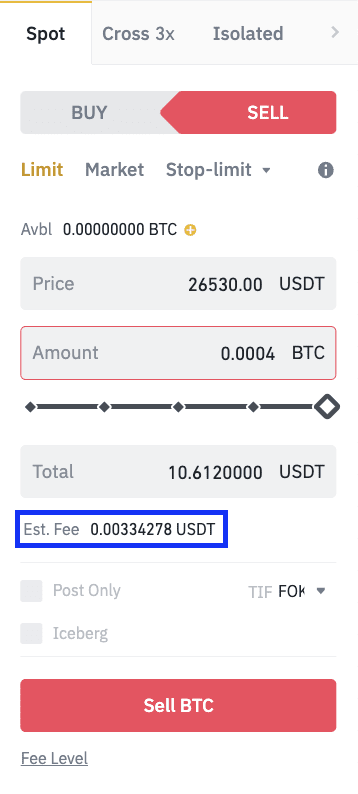 Binance spot trading sell BTC order form showing Estimated Fee field highlighted with 0.00334278 USDT value