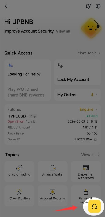 Binance Support chat interface showing Financial Service option for referral code binding after sign up
