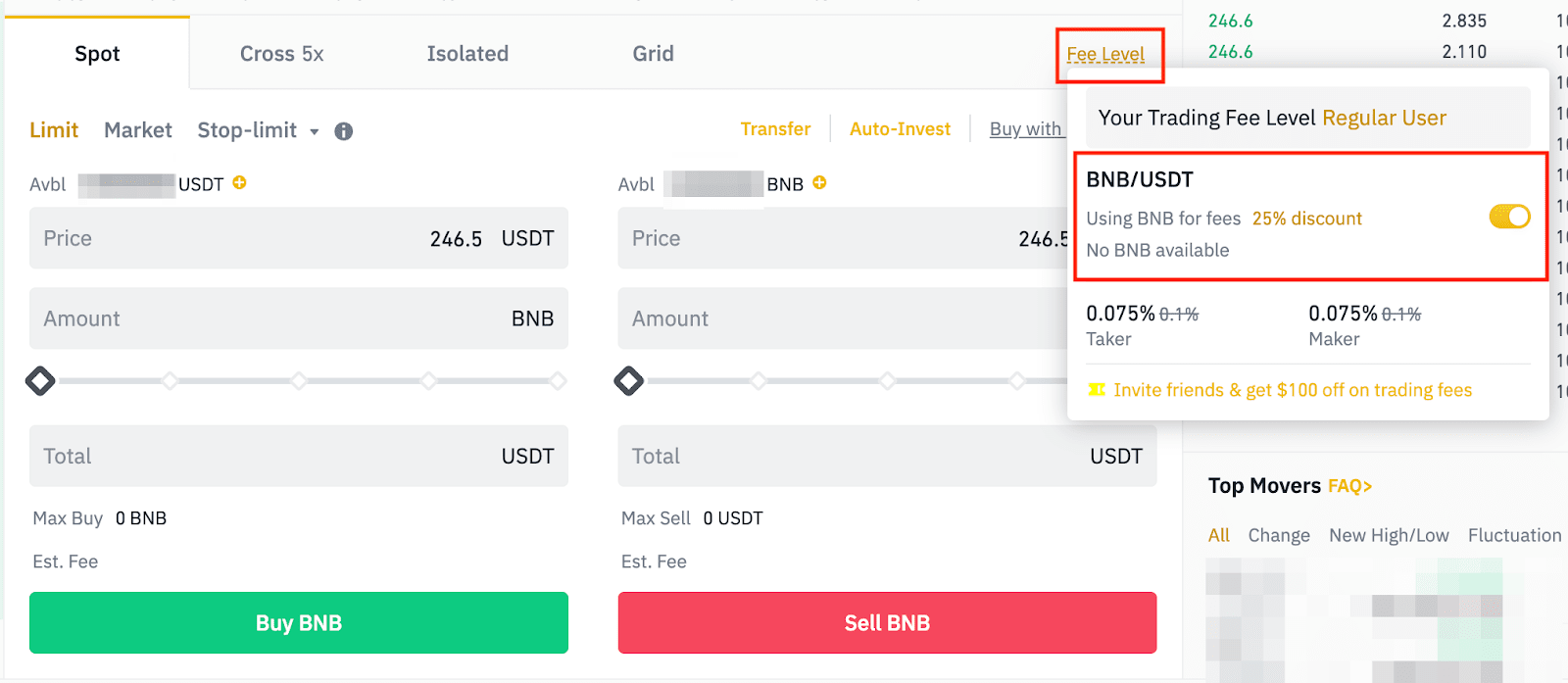 Binance web spot trading page showing Fee Level button location and BNB fee discount 25% toggle switch