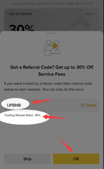 Enter Binance Web3 Wallet referral code UPBNB with 30% trading rebate ratio confirmation screen