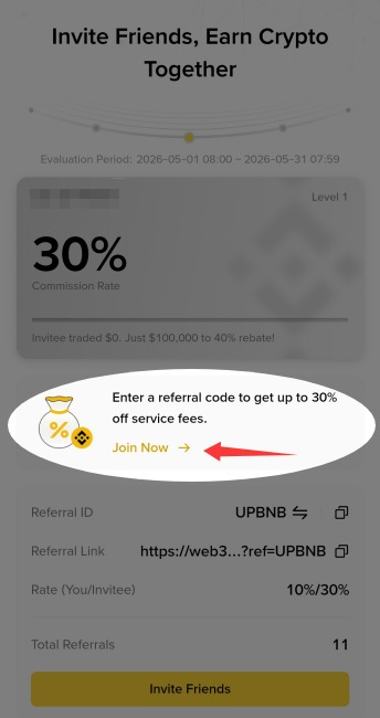 Binance Web3 Wallet referral dashboard showing Join Now button to enter referral code for 30% fee discount
