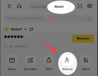 Binance App Wallet tab showing Referral icon for Web3 Wallet referral code setup